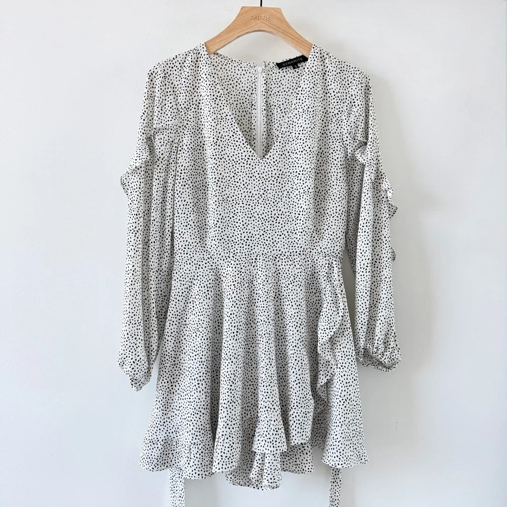 Dynamite Polka Dot Romper Belted Ruffle Mini Dress Style White Black Size M - Picture 3 of 12
